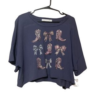 Altar'd State Navy Cowboy Coquette Boot & Bow Print Cropped T-Shirt XXL NWT